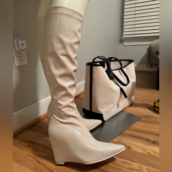 Slouchy leather high boots pointed toe tall heeled boots patent wedge heel - Picture 2 of 6